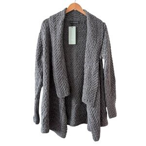 Irelands Eye Gray Cable Knit Virgin Wool Open Front Cardigan